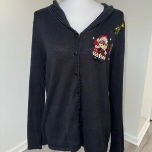 Studio Joy Christmas Sweater Women’s Large Black Sequin‎ Santa Holiday Cardigan